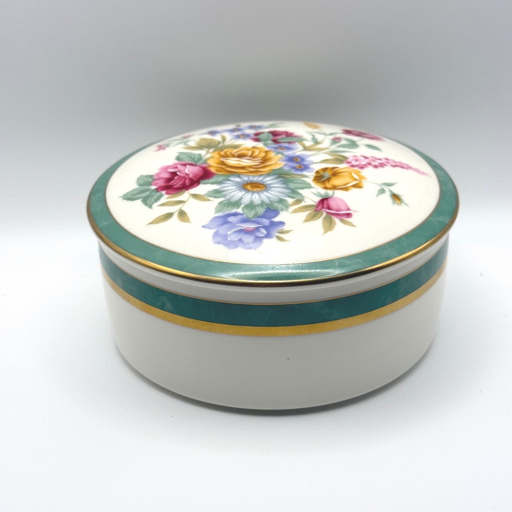 Mikasa Trinket Box Andrea Pattern Floral White Green Gold Round Jewelry Dish VTG